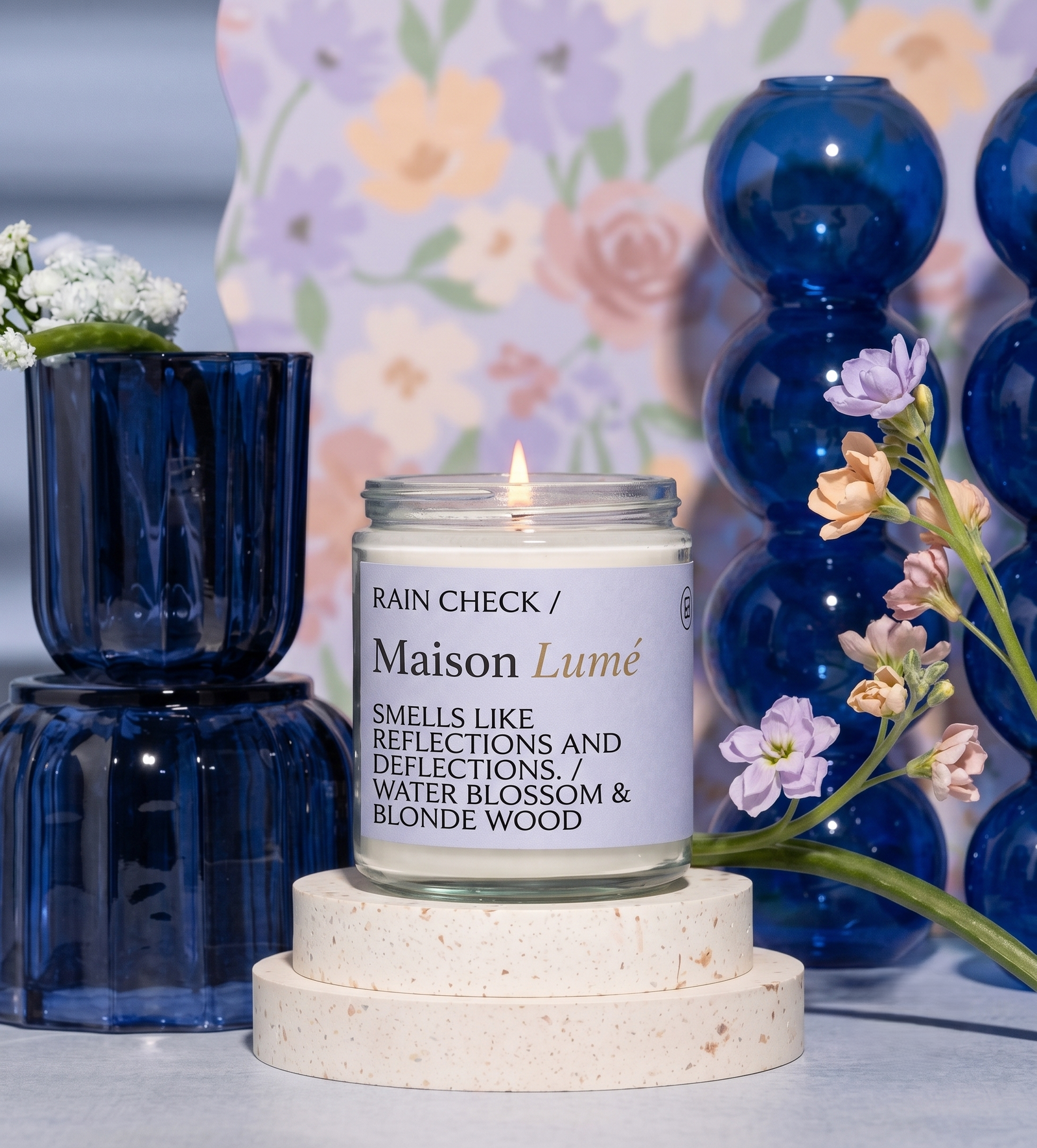 Rain Check candle, water blossom and blonde wood